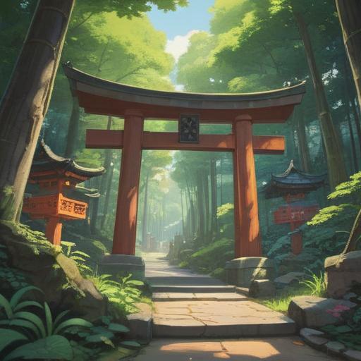 A serene illustration of Morito Shrine surrounded by lush greenery, tranquil atmosphere, sacred torii gate leading into the forest, subtle sunlight filtering through leaves, spiritual symbols embedded in nature, peaceful hikers reflecting on their journey, inviting aura, harmonious connection with nature, 4k