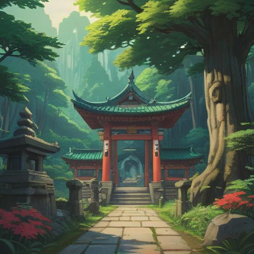 A serene illustration of Morito Shrine, lush green forest surroundings, spiritual symbols subtly integrated, visitors observing signs of nature, tranquil atmosphere, gentle rays of sunlight filtering through leaves, thoughtful expressions on visitors' faces, cultural elements reflecting Japanese spirituality, detailed shrine architecture, 4k