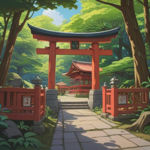 A serene scene at Morito Shrine, surrounded by lush greenery, a traditional Japanese torii gate in the foreground, a visitor holding a lucky charm, sunlight filtering through the trees, peaceful atmosphere, detailed textures of nature, vibrant colors, moment of reflection, harmonious connection with spirituality, 4k