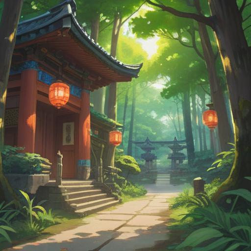 A serene scene depicting the Mori Shrine, sunlight filtering through lush green trees, a peaceful pathway leading to the shrine, locals enjoying a lucky day, traditional Shinto architecture, vibrant nature surrounding the shrine, a sense of tranquility and happiness, 4k