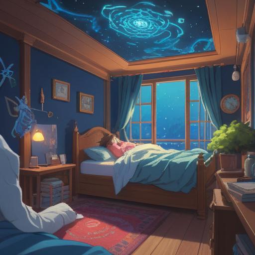 A serene illustration depicting a person resting in bed, surrounded by gentle light and ethereal symbols representing spiritual signs, soft hues of blue and gold, a window revealing a peaceful winter landscape, subtle motifs of health and healing, calming atmosphere, 4k