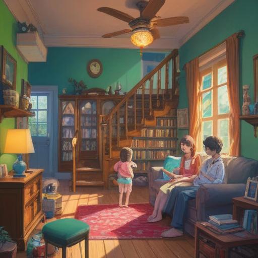 A serene and uplifting scene of a family joyfully moving into a new home, surrounded by soft light and ethereal energies, symbolic elements representing new beginnings and spiritual growth, lush greenery and blooming flowers around the house, a warm and inviting atmosphere, harmonious colors, 4k