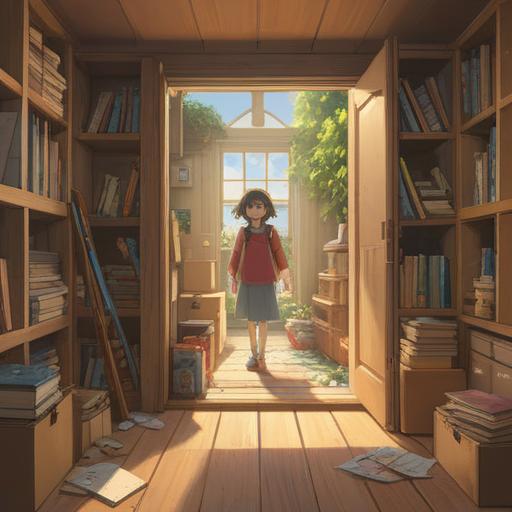 A serene scene of a family joyfully moving into a new home, bright sunlight streaming through the open door, boxes being unpacked with care, plants being placed in windowsills, a sense of hope and new beginnings, ethereal light surrounding the house symbolizing positive energy, harmonious colors, soothing atmosphere, inviting interior, feeling of gratitude and renewal, 4k