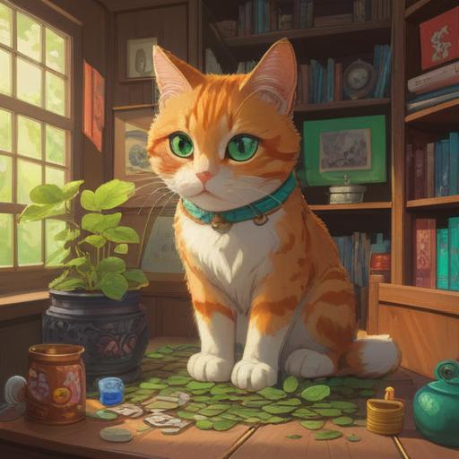 A vibrant and cheerful illustration of a newly moved-in home, showcasing lucky items like a lucky cat, four-leaf clovers, and a charming plant, bright and welcoming atmosphere, sunlight streaming through the windows, cozy living space decorated with warm colors, inviting furniture, detailed textures, and happy family members enjoying their new beginnings, 4k