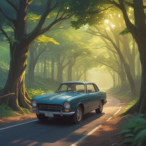 A serene and uplifting scene depicting a new car symbolizing freedom and new beginnings, surrounded by nature, soft sunlight filtering through trees, vibrant flowers blooming beside the road, a clear blue sky, a sense of adventure and spirituality, harmonious energy radiating from the vehicle, inviting journey ahead, calming atmosphere, 4k