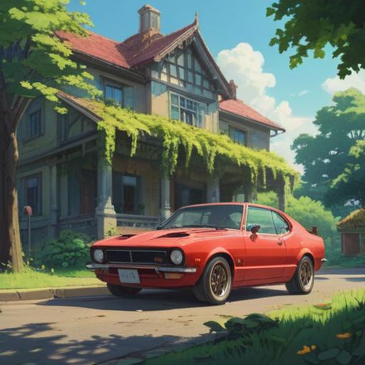 A serene scene depicting a brand new car parked under a clear blue sky, surrounded by lush green nature, sunlight filtering through the leaves, a sense of peace and tranquility, soft golden aura emanating from the car, symbolizing positive energy and spiritual awakening, beautiful mountains in the distance, vibrant flowers blooming nearby, inviting atmosphere, uplifting and hopeful mood, 4k