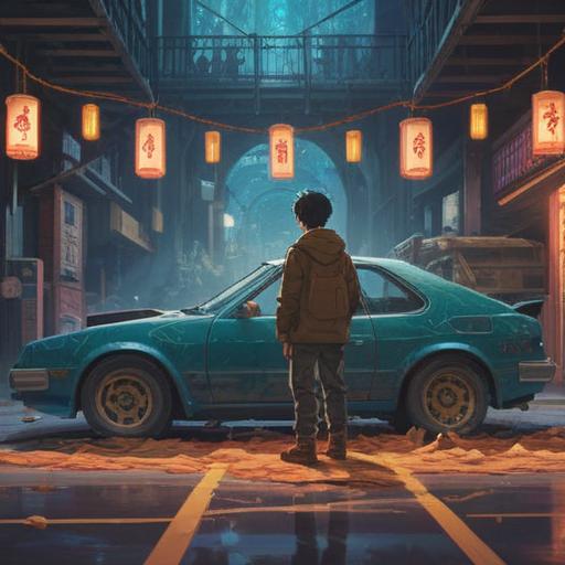 A serene illustration depicting a person standing in front of a new car, surrounded by soft light and subtle glowing symbols representing spiritual signs, a peaceful atmosphere, hints of nature like trees and flowers in the background, contemplative expression on the person’s face, ethereal vibes, enchanting colors, subtle energy flows, 4k