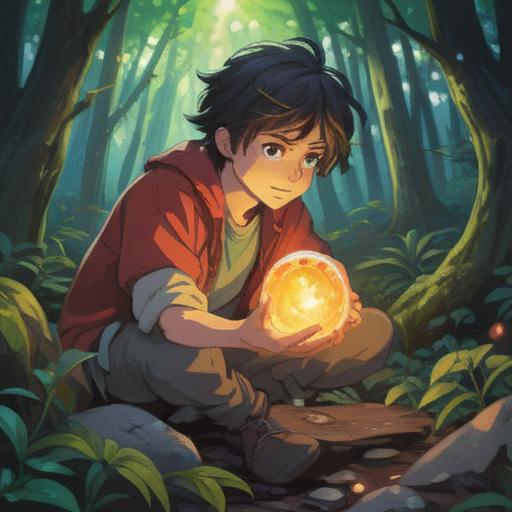 A magical scene of a person holding a luminous lucky stone, surrounded by a vibrant forest, sunlight filtering through the leaves, the stone glowing with vivid colors, symbolizing new beginnings and opportunities, a pathway illuminated by sparkling dust leading into the unknown, hopeful expression on the person's face, enchanting atmosphere, detailed flora and fauna, 4k