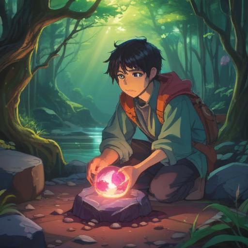 A captivating illustration of a person discovering a glowing lucky stone, surrounded by vibrant natural scenery, symbolizing transformation, radiant light illuminating their path, expressions of wonder and hope, lush greenery, sparkling water, a sense of empowerment and change, 4k, magical realism
