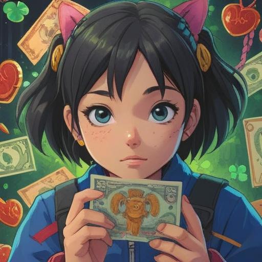 A person holding a new banknote, surrounded by lucky charms such as a four-leaf clover and a lucky cat, vibrant colors, intricate details, hopeful expressions, cultural symbols of luck, illuminated setting, 4k