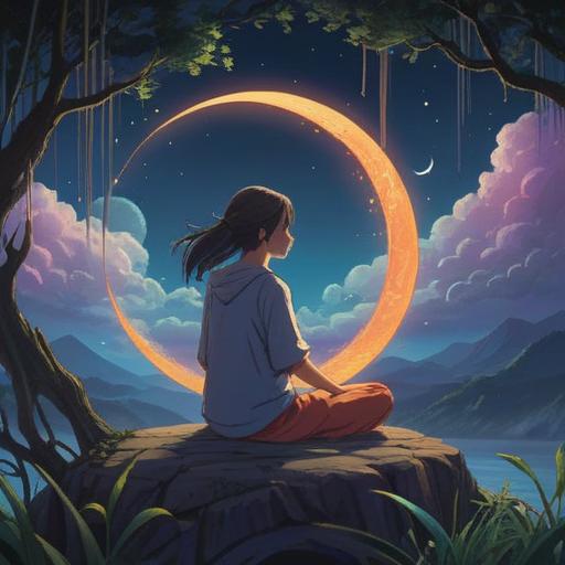 A serene nighttime scene under a new moon, a person meditating peacefully, surrounded by gentle wisps of light representing spiritual energy, a tranquil forest setting, soft glow illuminating the character's face, symbols of healing and intuition in the air, calm and reflective atmosphere, 4k