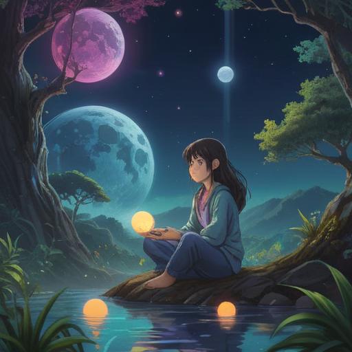 A serene night scene on a new moon, a person sitting in meditation, surrounded by ethereal mist, soft glowing orbs representing spiritual signs, a subtle expression of concern on their face, dark sky speckled with stars, calming yet introspective atmosphere, detailed foliage framing the scene, 4k