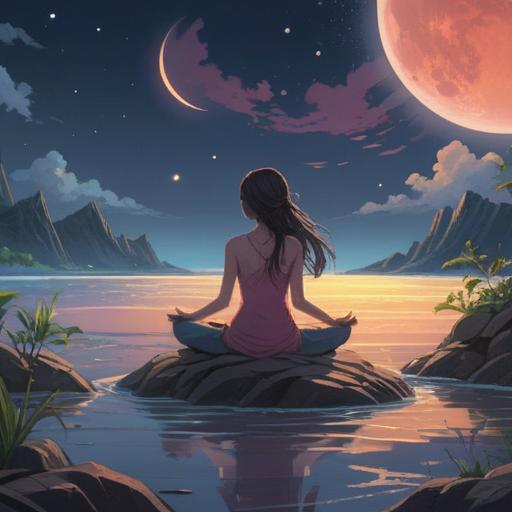 A serene illustration depicting a person meditating under a new moon, soft light illuminating the surroundings, gentle waves of energy radiating, calming atmosphere, natural elements like trees and water reflecting the moonlight, emphasizing inner peace and self-reflection, harmonious color palette, 4k