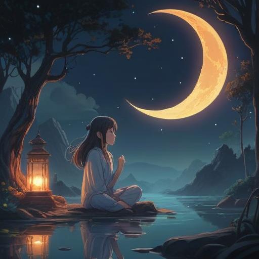 A mystical scene depicting a new moon night, gentle shadows, ethereal glow, women meditating under the new moon, symbolic connection between cycles and nature, serene atmosphere, spiritual reflections, intricate details of the night sky, soft landscape, harmonious energy, 4k