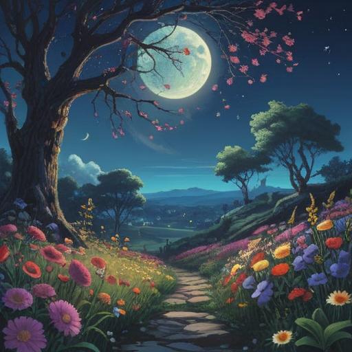 A serene night scene showing a new moon in a clear sky, soft light illuminating a peaceful landscape, blooming flowers symbolizing new beginnings, a calm river reflecting the moonlight, an ethereal figure meditating nearby, representing spiritual growth and renewal, harmonious atmosphere, nature’s tranquility, 4k