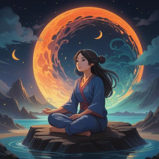 A serene night scene under a new moon, a woman meditating peacefully, subtle energy waves surrounding her, symbolic spiritual signs in the starry sky, a calm atmosphere, hints of nature with gentle shadows, reflections of inner thoughts, connection to the universe, ethereal lighting, 4k