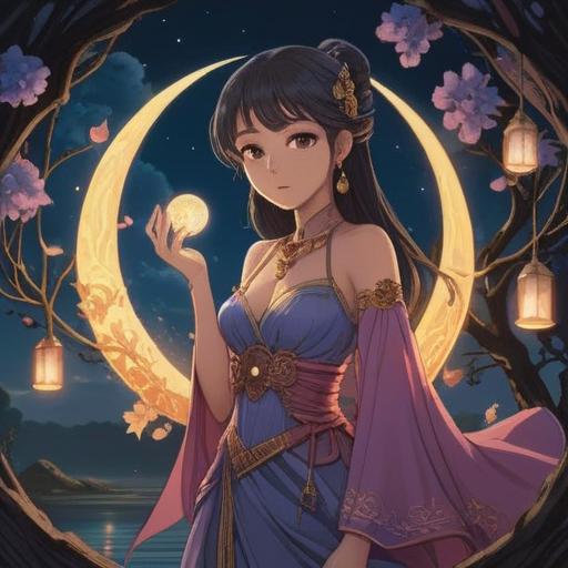 A serene illustration of a new moon night, a feminine figure holding a small charm with symbols of luck, surrounded by soft glowing light, gentle flowers blooming in the foreground, delicate stars twinkling in the sky, peaceful atmosphere, 4k