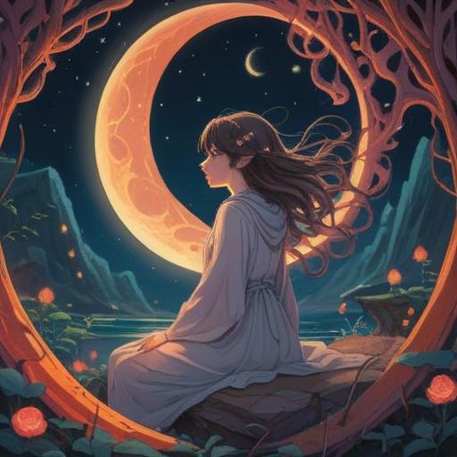 A mystical illustration depicting the connection between the new moon and menstruation, ethereal ambiance, flowing energy patterns, women embracing their cycles, nature-inspired elements, nighttime sky with a glowing new moon, soothing colors, symbolic representations of femininity and renewal, harmonious relationship with nature, spiritual growth, 4k