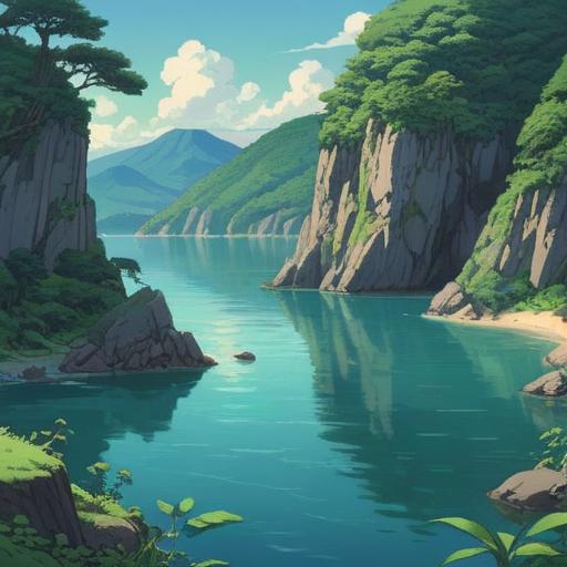 A serene landscape view of Niihama, Japan, representing spiritual energy, lush green hills, calm water reflecting the sky, traditional Japanese architecture in the background, harmonious natural surroundings, peaceful aura, vibrant flora, inviting atmosphere, 4k