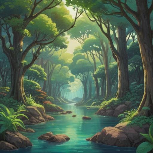 A serene landscape of Niihama, featuring a tranquil river flowing through lush greenery, gentle sunlight filtering through ancient trees, a person meditating peacefully on a riverbank, spiritual symbols subtly embedded in nature, a feeling of harmony and enlightenment, 4k