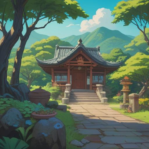 A serene landscape in Niihama, Japan, featuring subtle spiritual signs, a peaceful shrine surrounded by lush greenery, gentle sunlight filtering through the trees, symbolic elements like flowing water and stones, calming atmosphere, harmonious connection with nature, thoughtful reflections in tranquil waters, 4k