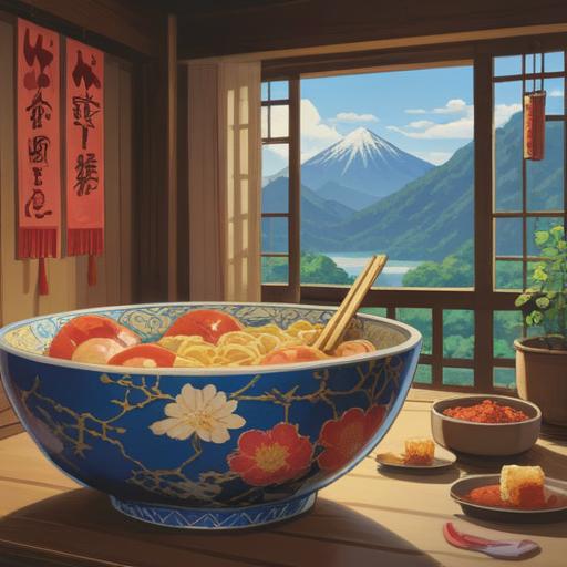 A serene landscape depicting a traditional Japanese setting in Niihama, vibrant lucky items scattered around, a beautiful kintsugi bowl symbolizing fortune, warm sunlight filtering through cherry blossom trees, locals engaging joyfully, peaceful atmosphere, 4k