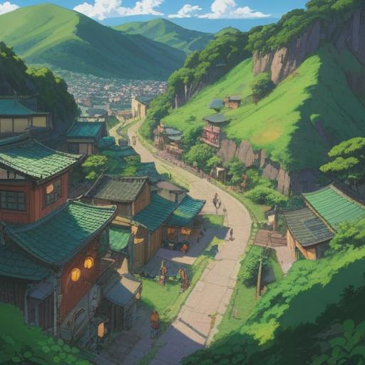 A serene landscape of Niihama city, vibrant green hills, symbolic lucky charms scattered throughout, peaceful surroundings, cheerful locals engaging in traditional rituals, a clear blue sky, inviting atmosphere, harmony between nature and culture, 4k