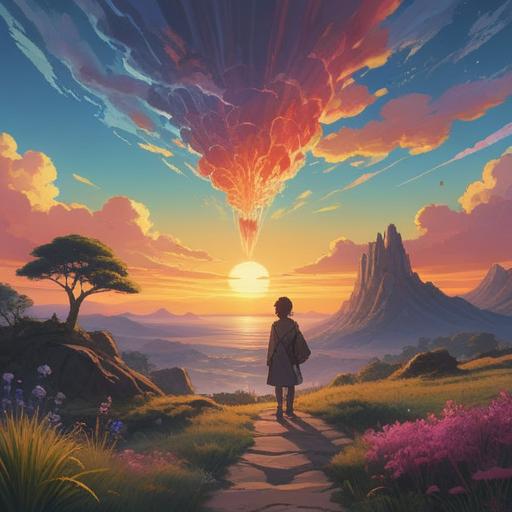 A serene landscape depicting a sunrise, two figures meeting at the horizon, ethereal light surrounding them, symbols of connection and spirituality, a sense of awakening and new beginnings, vibrant colors reflecting hope and potential, harmonious atmosphere, dreamlike quality, 4k