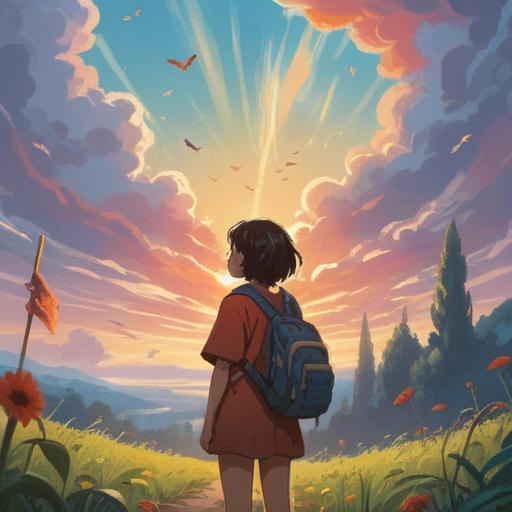 A serene outdoor scene, a person gazing at the sky, soft rays of sunlight breaking through clouds, subtle symbols like feathers and butterflies appearing in the air, a calming aura surrounding the individual, lush greenery and blooming flowers in the background, gentle breeze creating a sense of tranquility, 4k