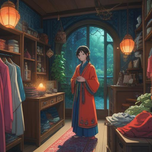 A serene and mystical scene of a person thoughtfully selecting new clothes in a boutique, surrounded by ethereal light, symbolic items representing spiritual signs like feathers and crystals, a calming atmosphere with soft pastel colors, intricate patterns on the clothes, guided by a gentle spirit, 4k