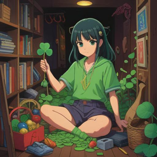 A person trying on new clothes, surrounded by lucky items like a four-leaf clover, a horseshoe, and a lucky charm, bright and cheerful atmosphere, excitement in the air, mirror reflecting the outfit, warm light illuminating the scene, joyful expression, fashionable attire, various patterns and colors, vibrant and inspiring environment