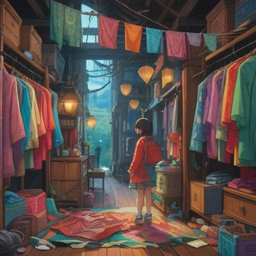 A serene scene depicting a person thoughtfully selecting new clothes, surrounded by an array of colorful garments, hints of spiritual symbols in the fabric patterns, a calm atmosphere promoting self-discovery, soft sunlight filtering through a window, evoking a sense of mindfulness and inner balance, 4k