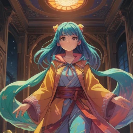 A serene illustration depicting a person joyfully trying on a new outfit, surrounded by a soft glowing aura, vibrant colors symbolizing positive energy, nature elements like blooming flowers and sunlight streaming through trees, a sense of tranquility and spiritual awakening, expressive facial features reflecting happiness, harmonious background, uplifting atmosphere, 4k