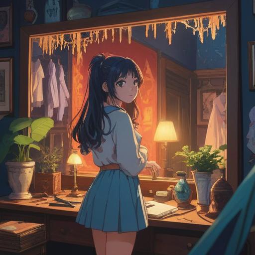 A serene and introspective scene, a person standing in front of a mirror, trying on new clothes, surrounded by subtle glowing symbols representing spiritual signs, a soft aura illuminating the room, reflective expression, hints of nature outside the window, harmonious colors, calming atmosphere, 4k