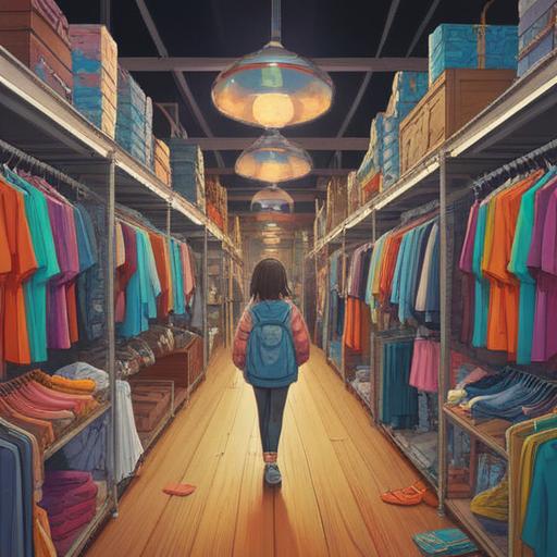 A bright and cheerful scene of a person shopping for new clothes, surrounded by colorful clothes racks, lucky charm items like a four-leaf clover and a rabbit's foot displayed prominently, a joyful expression on their face, vibrant store interior, warm and inviting lighting, sense of excitement and anticipation, 4k
