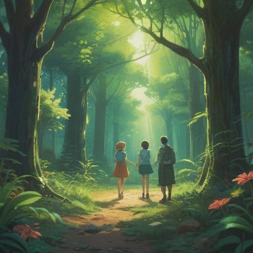 A serene and uplifting scene depicting a group of diverse individuals connecting in a lush green park, ethereal light filtering through the trees, gentle expressions of joy and understanding, symbols of spiritual growth like butterflies and lotus flowers surrounding them, soft colors, harmonious atmosphere, meaningful interactions, sense of unity, 4k