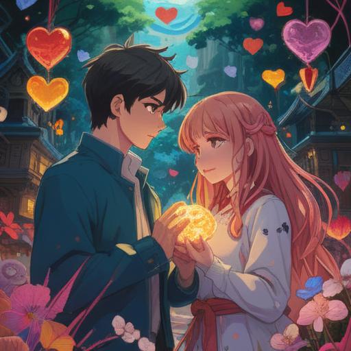 A vibrant visualization of a lucky charm symbolizing new relationships, intricate details showcasing intertwined hearts and hands, bright and warm colors, a serene outdoor setting with blooming flowers, a sense of connection and harmony, light rays filtering through trees, inviting atmosphere, 4k resolution