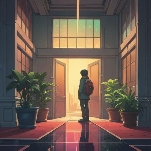 A serene and introspective illustration, depicting a person standing at the entrance of a modern office building, surrounded by soft, ethereal light, expressions of uncertainty mixed with hope, abstract representations of anxiety as swirling shadows, symbols of growth and transformation in the background, vibrant yet calming colors, a blend of realism and impressionism, 4k
