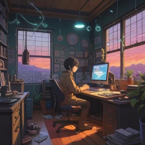 A serene and contemplative scene depicting a person sitting at a desk in a modern office, surrounded by subtle glowing symbols representing spiritual signs, soft light filtering through the window, a sense of introspection and calmness, calming color palette, gentle ambiance, detailed office equipment, plants that symbolize growth, 4k