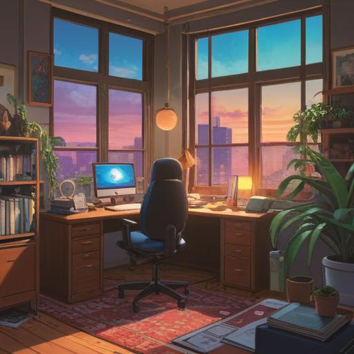 A calming illustration of a new office environment, a small lucky charm sitting on a desk, soothing colors, warm light filtering through the window, a friendly atmosphere, coworkers smiling and chatting, detailed decor, subtle hints of nature, encouraging positive energy, 4k