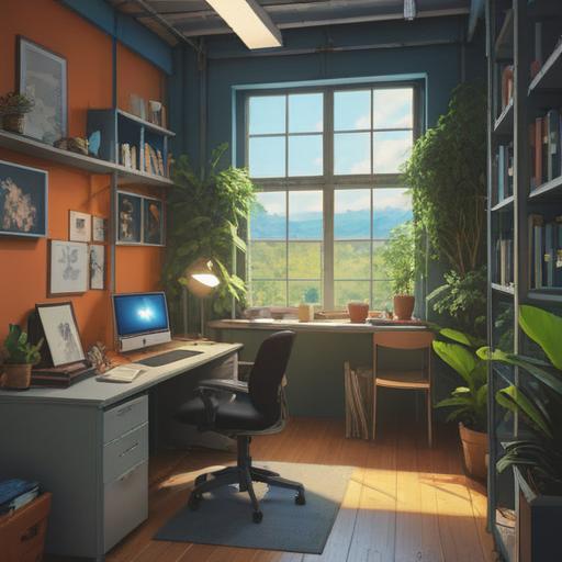 A serene office environment filled with natural light, symbols of positivity like plants and artwork, people interacting harmoniously, a feeling of tranquility and inspiration in the air, elements representing spiritual growth and guidance, uplifting atmosphere, harmonious color palette, 4k