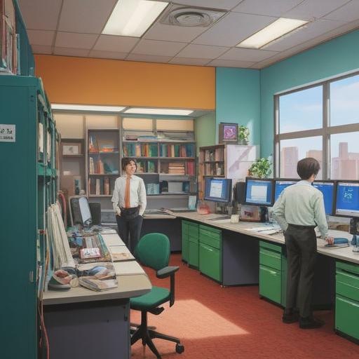 A vibrant illustration of a new office environment, bright and welcoming atmosphere, a lucky charm prominently displayed on a desk, inspiring coworkers interacting positively, motivational quotes on the wall, lush plants enhancing the workspace, 4k