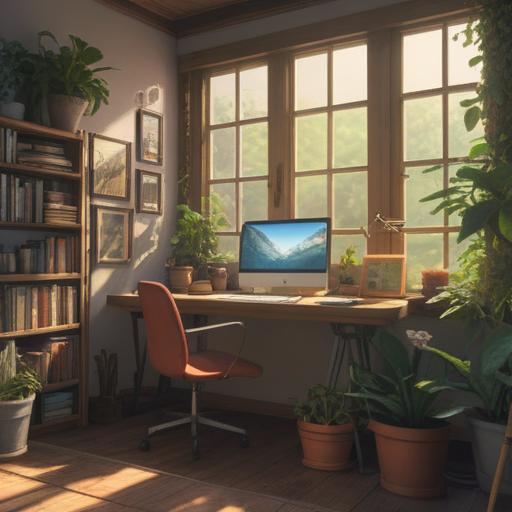 A serene workspace, organized desk with notebooks and a laptop, sunlight streaming through a window, plants adding a touch of nature, calming environment, soothing colors, focus on productivity, inviting atmosphere, 4k