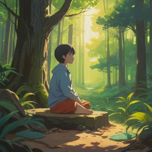 A serene and contemplative scene of a person sitting cross-legged in nature, meditating, surrounded by gentle sunlight filtering through trees, ethereal symbols and signs appearing in the air, embodying spiritual guidance, a sense of peace and reflection, vibrant colors, harmonious atmosphere, 4k