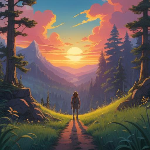 A serene landscape representing new beginnings, vibrant sunrise illuminating the horizon, a person standing at the edge of a forest contemplating the path ahead, symbols of transformation like butterflies and blooming flowers, gentle flowing stream reflecting the light, ethereal atmosphere, sense of hope and renewal, 4k