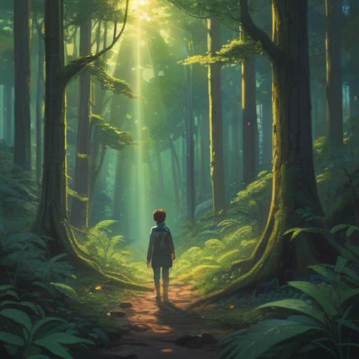 A serene and enlightening scene, featuring a person standing at the edge of a lush forest, soft rays of sunlight filtering through the trees, gentle flowing river nearby, symbols of new beginnings like blooming flowers and budding leaves, an ethereal glow surrounding the individual, peaceful expression of contemplation, vibrant and harmonious colors, depicting a sense of spiritual awakening and positive energy, 4k