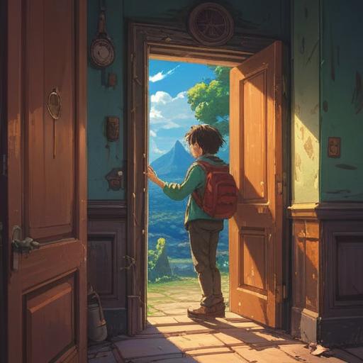 A transformative scene depicting a person holding a new key, unlocking a door to an open, bright world, sunlight streaming in, vibrant colors reflecting hope and possibilities, lush greenery visible outside, symbols of growth and change surrounding the door, expression of joy and optimism on the person's face, 4k
