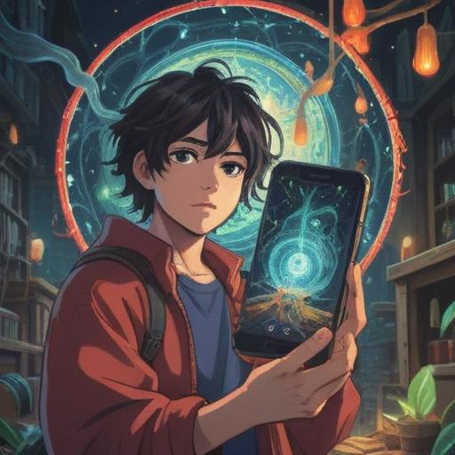 A serene and mystical scene, a person holding a new smartphone, vibrant energy swirling around the device, symbols of spiritual signs like feathers and stars in the background, an aura of awareness and intuition, warm light illuminating the surroundings, a peaceful expression on the person's face, harmonious blend of nature and technology, 4k