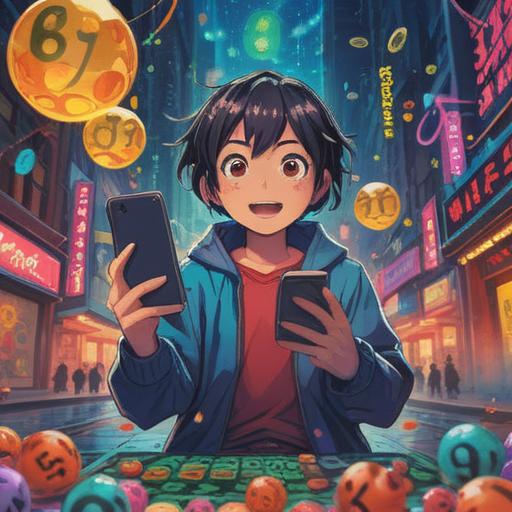 A vibrant digital illustration depicting a person joyfully using a new smartphone, surrounded by floating lucky numbers, bright colors, playful elements, cheerful atmosphere, modern design, intricate details, 4k