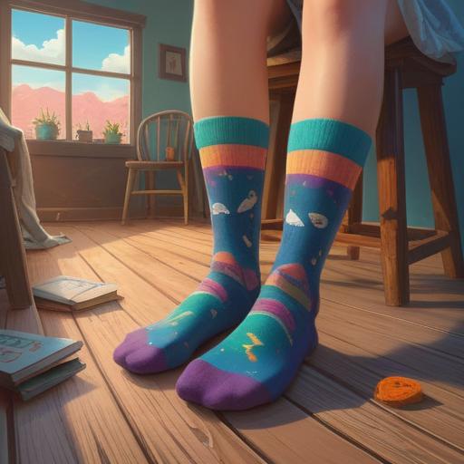 A serene and symbolic illustration, vibrant new socks placed on a wooden floor, ethereal light illuminating the socks, soft pastel colors, symbols of renewal and protection, surrounded by nature elements like leaves and flowers, a sense of transformation and positivity, 4k